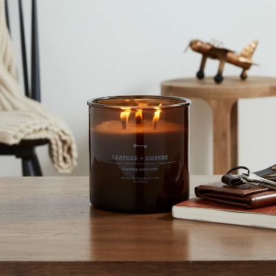 23oz XL 3-Wick Leather + Embers Wooden Amber Glass With Wood Lid And Stamped Logo Amber - Threshold™