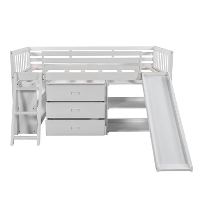 Low Twin Loft Bed With Bookcase, Separate Three Drawers, Pulling Ladder And Slide - ModernLuxe - Image 4