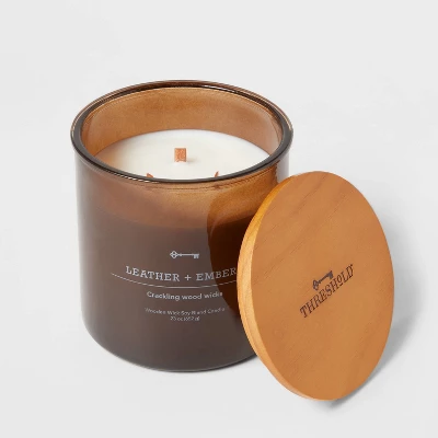 23oz XL 3-Wick Leather + Embers Wooden Amber Glass With Wood Lid And Stamped Logo Amber - Threshold™ - Image 2