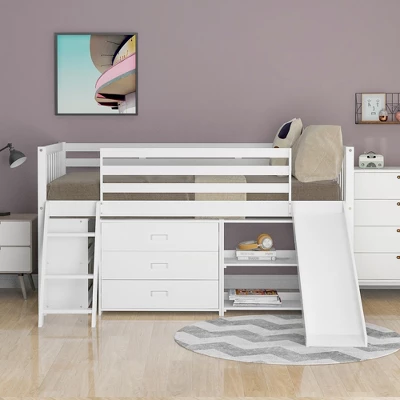 Low Twin Loft Bed With Bookcase, Separate Three Drawers, Pulling Ladder And Slide - ModernLuxe