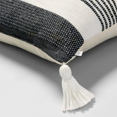 18"x18" Center Stripes Tassel Throw Pillow Dark Gray/Cream - Hearth & Hand™ With Magnolia