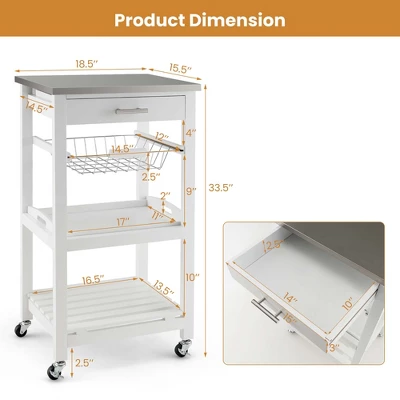 Costway Compact Kitchen Island Cart Rolling Service Trolley With Stainless Steel Top Basket - Image 2
