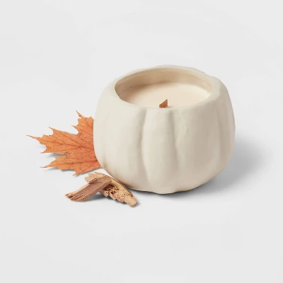 12oz Brushed Abstract Pumpkin Ceramic With Woodwick And Dustcover Dried Leaves + Hickory Candle - Threshold™ - Image 2