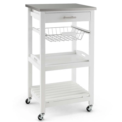 Costway Compact Kitchen Island Cart Rolling Service Trolley With Stainless Steel Top Basket - Image 9