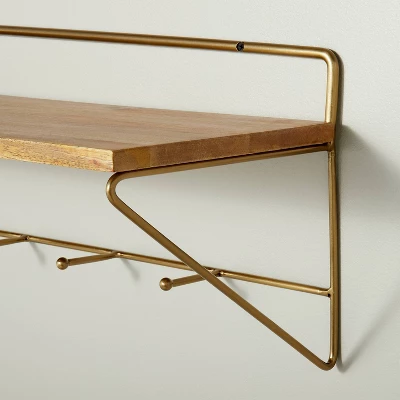 24" Wood & Brass Wall Shelf With Hooks - Hearth & Hand⢠With Magnolia - Image 2