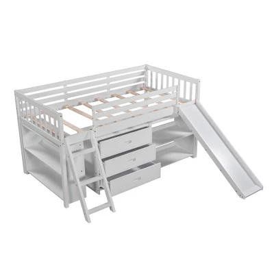 Low Twin Loft Bed With Bookcase, Separate Three Drawers, Pulling Ladder And Slide - ModernLuxe - Image 3
