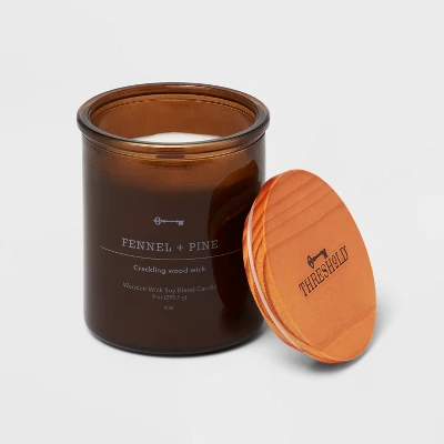 9oz Lidded Amber Glass Jar Crackling Wooden Wick Fennel And Pine Candle - Threshold™ - Image 2